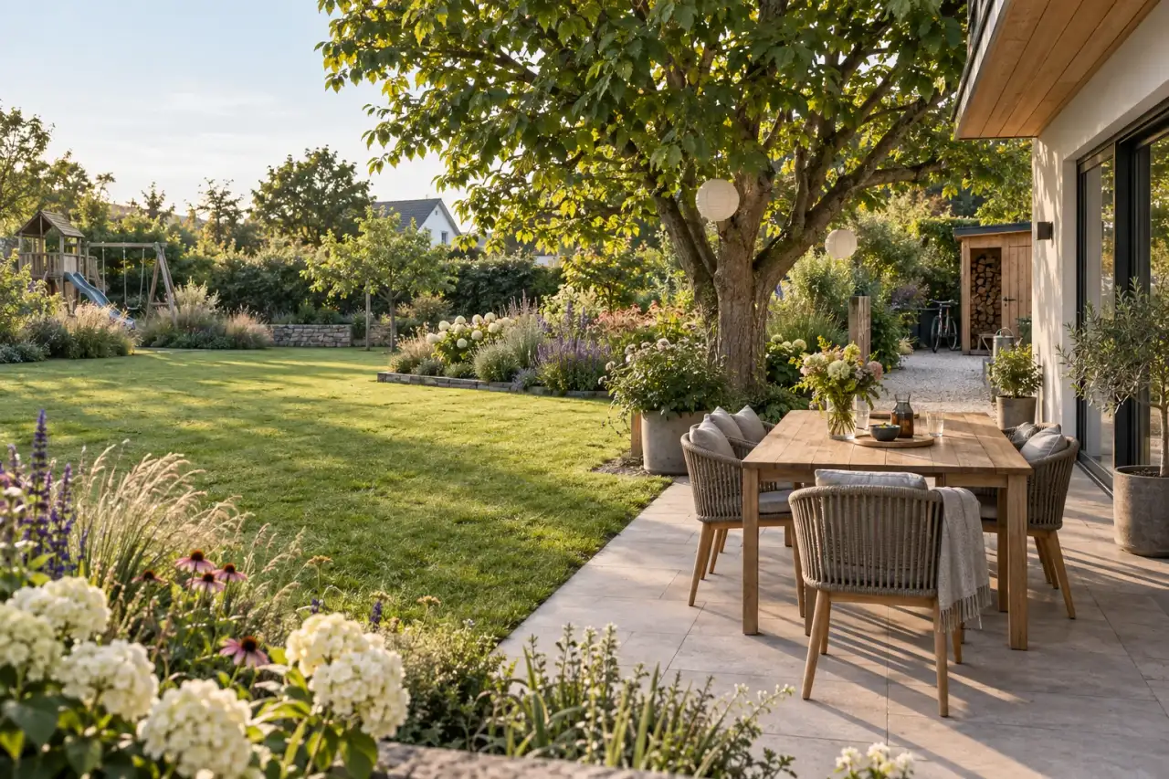 Weitläufiger Familiengarten mit offener Rasenmitte, Terrasse, Hausbaum und weichen Pflanzrändern