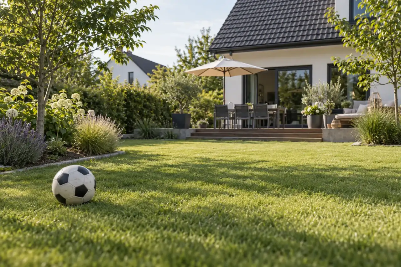 Offene, vom Haus einsehbare Rasenfläche mit freien Rändern für flexible Nutzung