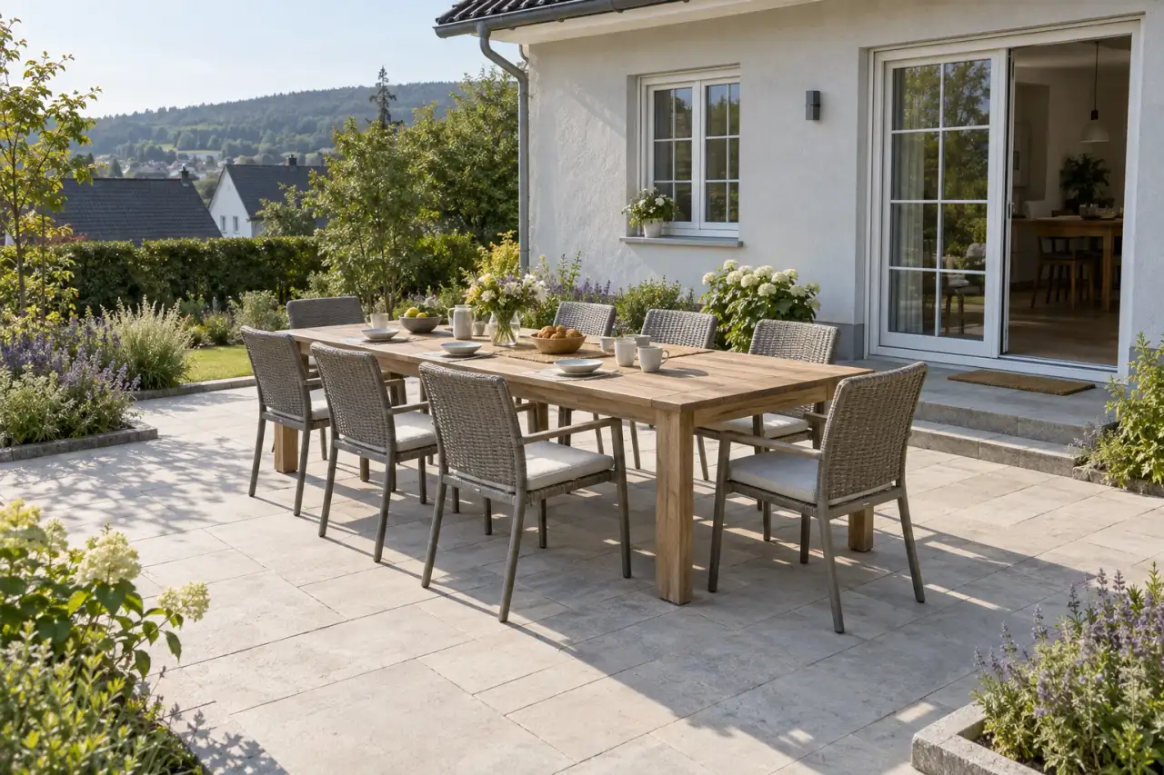 Großer Familientisch auf einer direkt an das Haus anschließenden Terrasse
