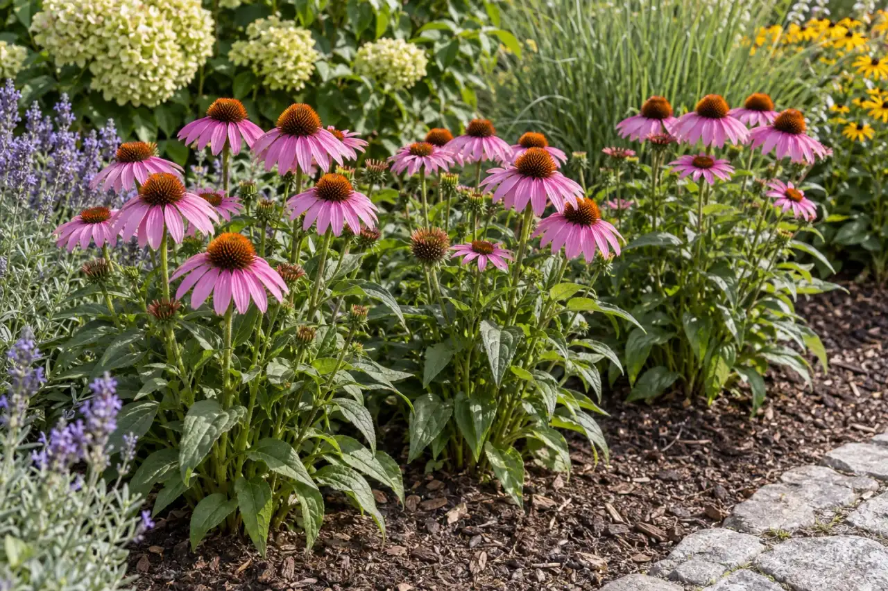 Robuste Blütenstauden als wiederkehrende Gruppe in einem Gartenbeet