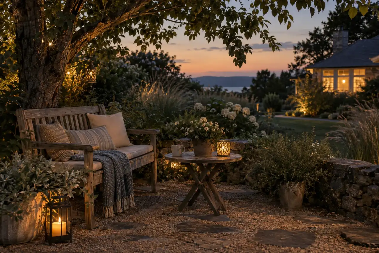 Wohnlicher Lieblingsplatz im Familiengarten in ruhiger Abendstimmung