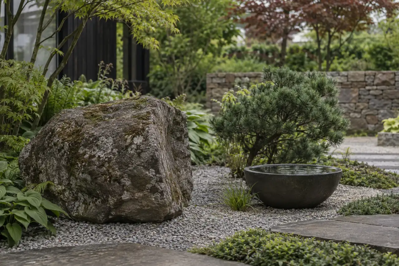 Asymmetrische Anordnung aus Naturstein, kompaktem Gehölz und kleiner Wasserschale