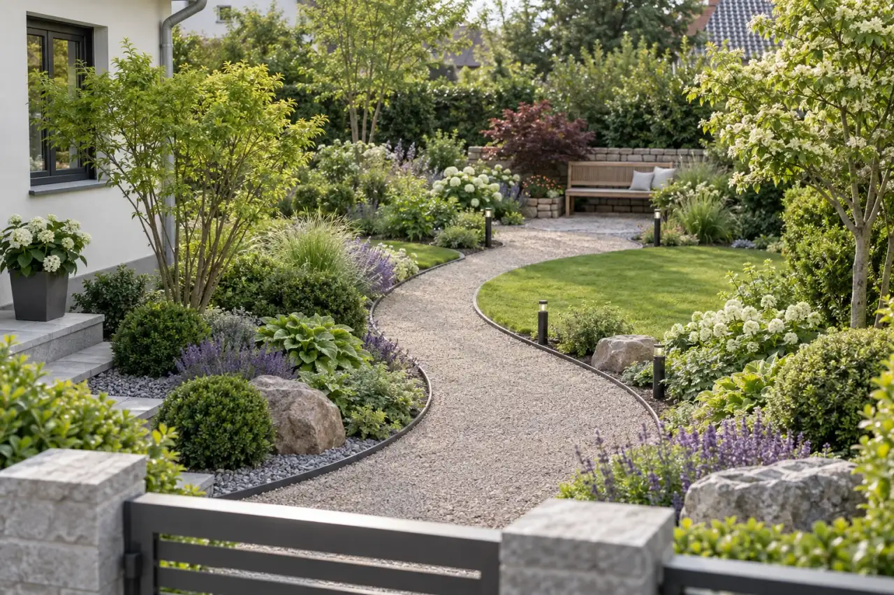 Sanft gebogener Gartenweg zwischen weich geführten Pflanzflächen