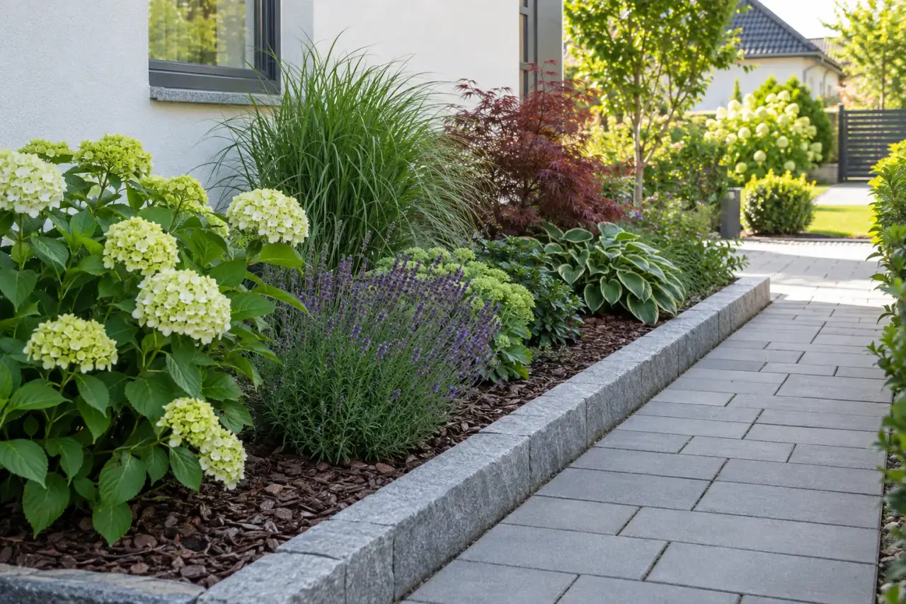 Gut erreichbare Pflanzfläche mit klarer Kante neben einem Gartenweg