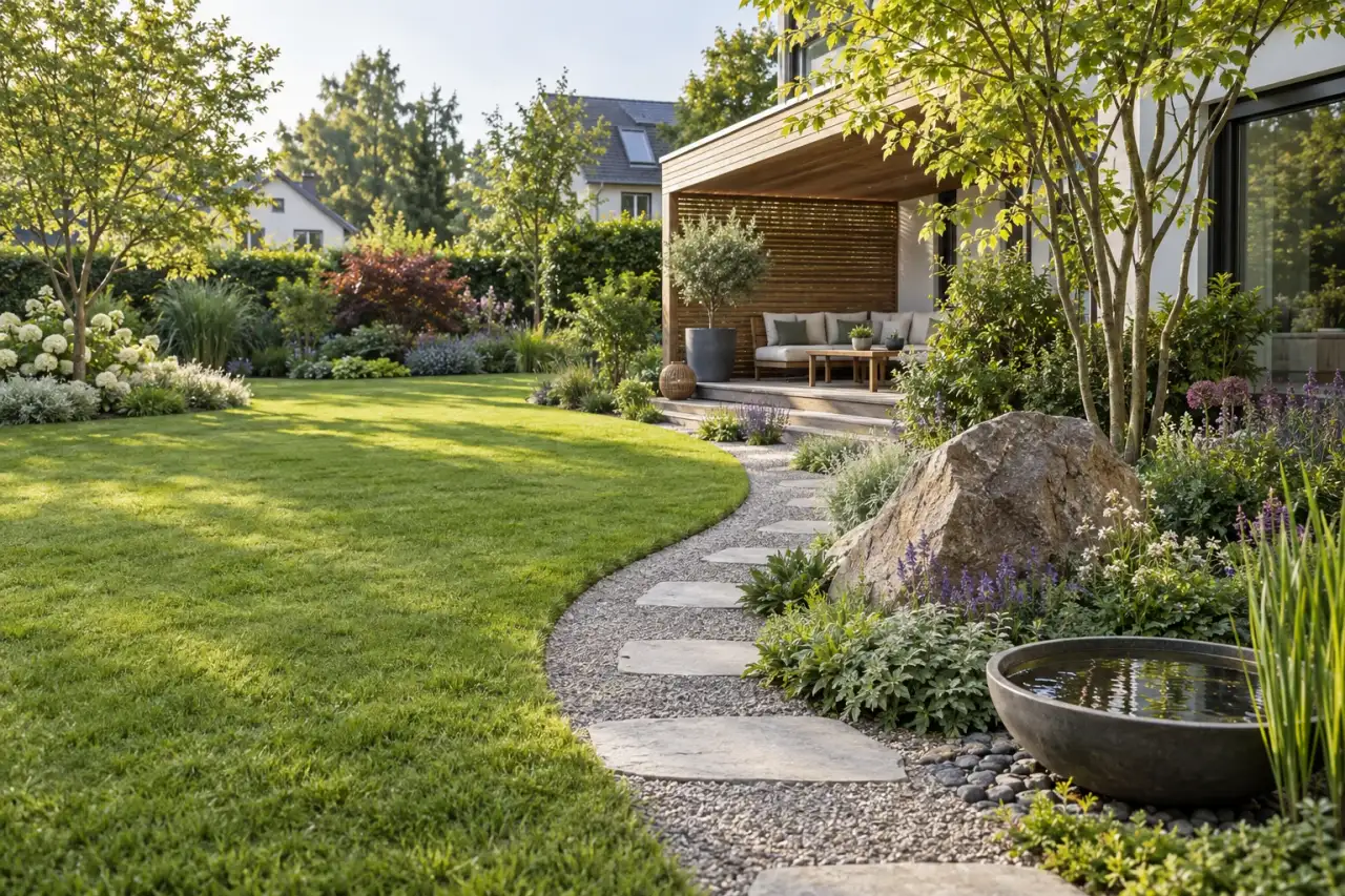 Ruhiger Hausgarten mit geschwungenem Weg, Naturstein, Wasserschale und geschütztem Sitzplatz