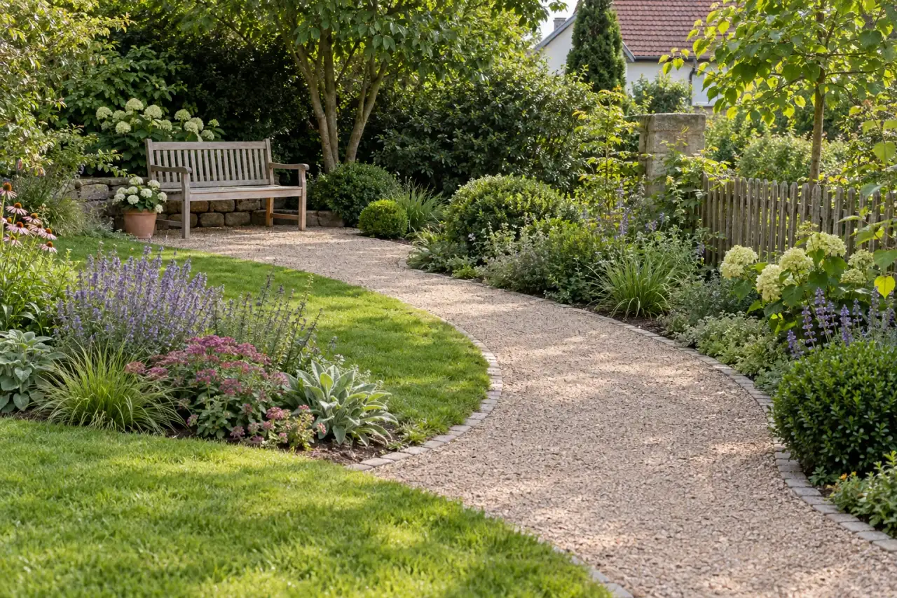Geschwungener Gartenweg mit klar sichtbarer Bank als Ziel