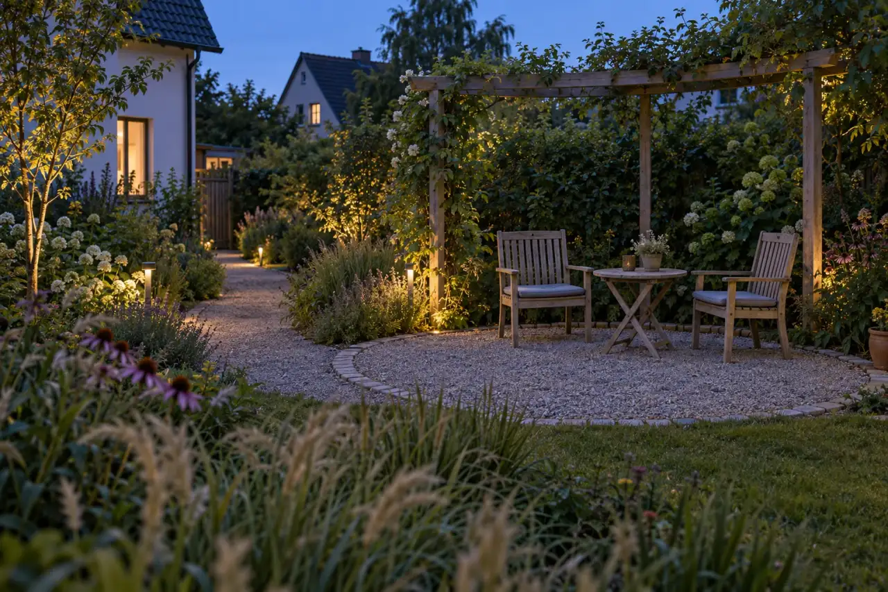 Ruhiger unbesetzter Lieblingsplatz im Garten am Abend