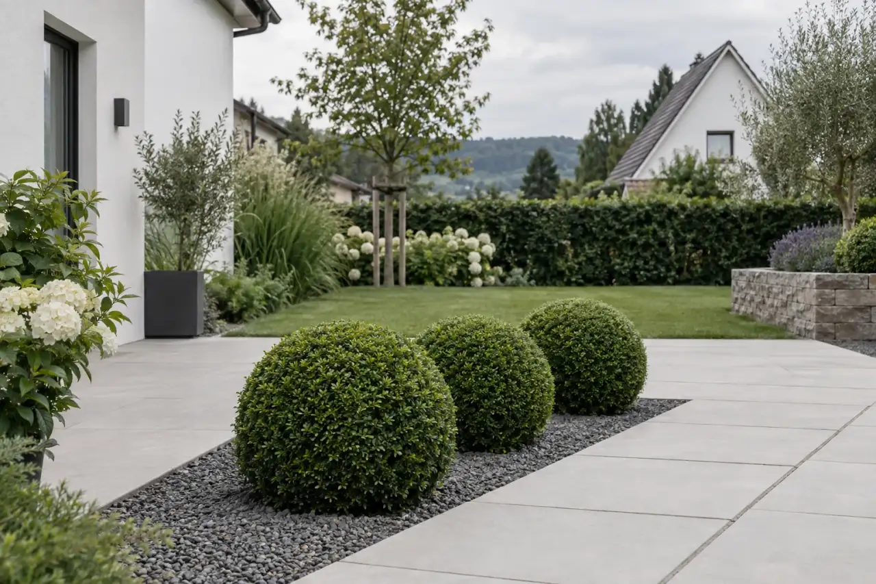 Wiederholte geschnittene Grünformen in einer ruhigen Gartenordnung