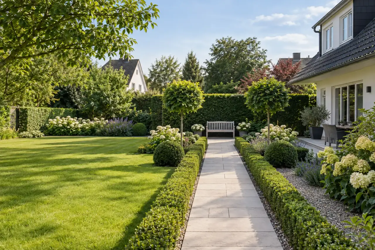 Formaler Hausgarten mit gerader Sichtachse, hellen Wegen und symmetrischen Pflanzungen