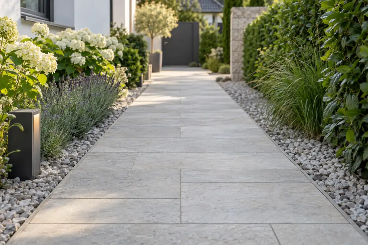 Gerader heller Gartenweg mit klaren Kanten und sichtbarem Zielpunkt