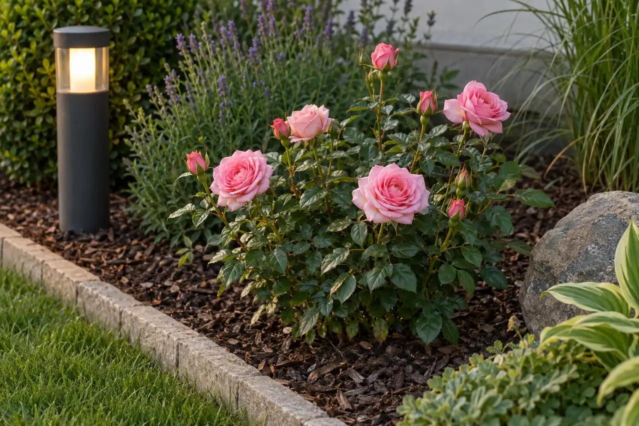 Kompakt wachsende Rose mit zurückhaltender Blüte und gesundem Laub
