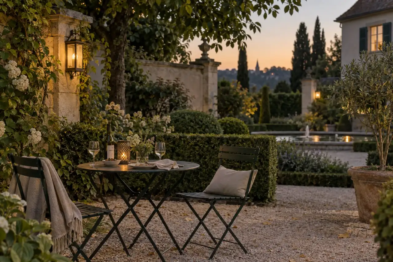 Bewohnter Lieblingsplatz in einem formal gestalteten Garten am Abend