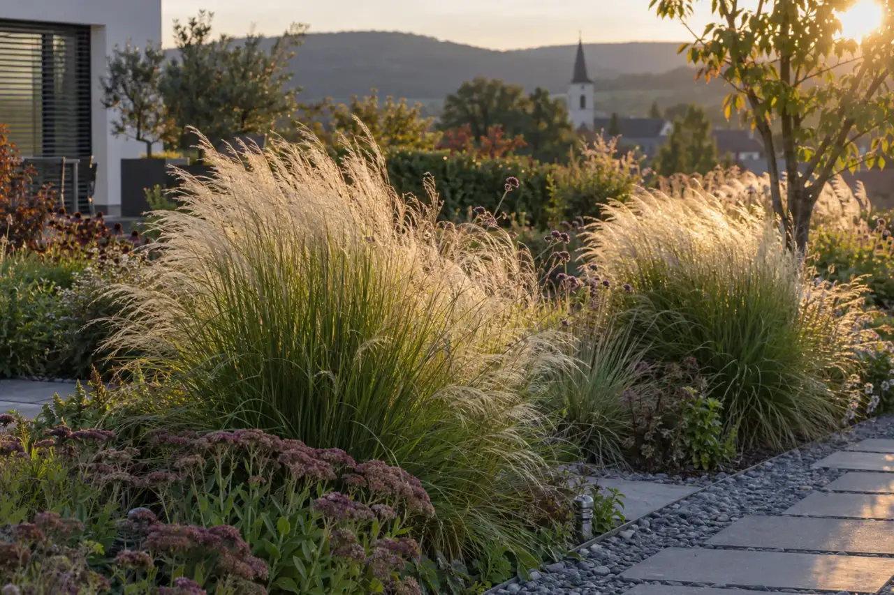 Von hinten beleuchtete Gräser entlang eines Gartenwegs zeigen Bewegung im Licht