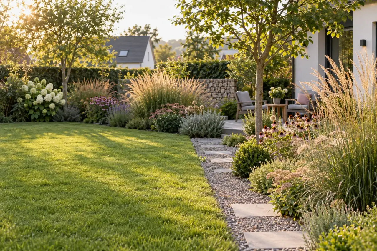 Einladender Gräsergarten mit leuchtenden Halmen, Blütenstauden, Weg und Sitzplatz im Abendlicht