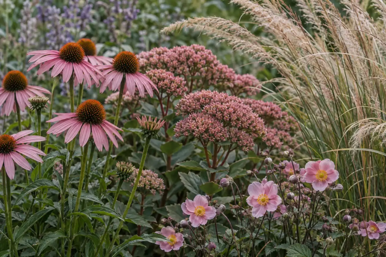 Gedämpft rosa Blütenstauden als Akzent zwischen Gräserhalmen