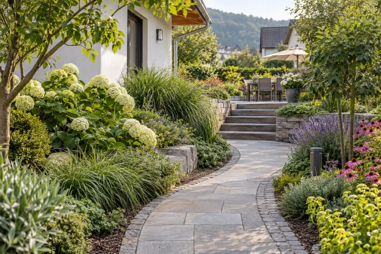 Geschwungener Gartenweg verbindet zwei bepflanzte Ebenen und eine Treppe