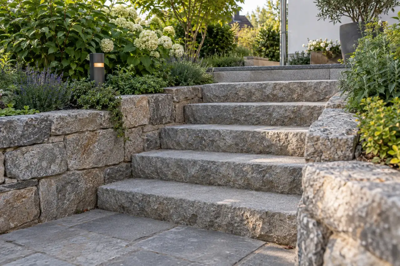 Detail einer Natursteintreppe zwischen bepflanzten Gartenebenen