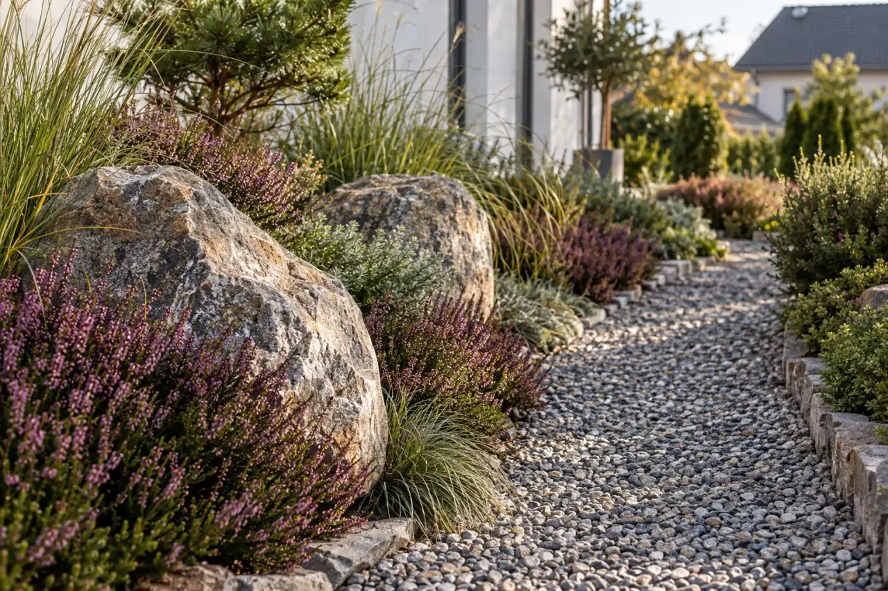 Mineralischer Weg und raue Natursteine neben feinen Heide- und Grasstrukturen