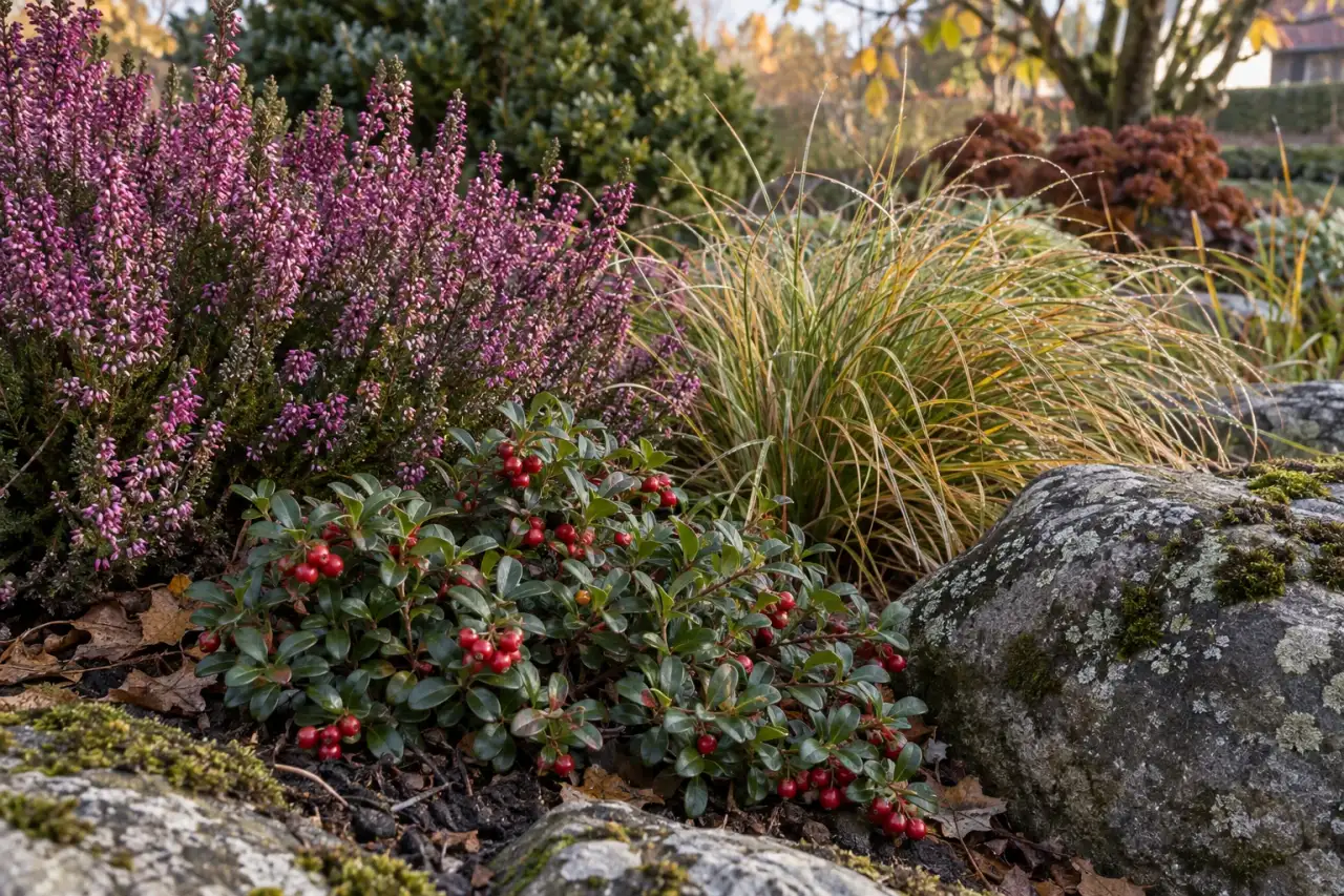 Heideblüte, immergrüne Blätter, feine Gräser und Stein als saisonale Strukturen
