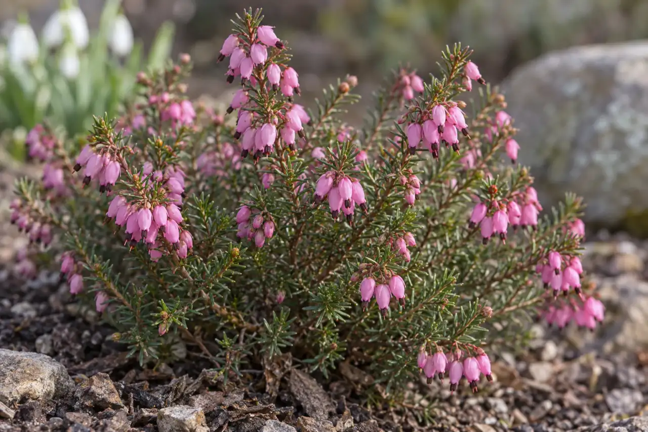Rosa blühende Schneeheide mit nadelfeinem Laub im Detail