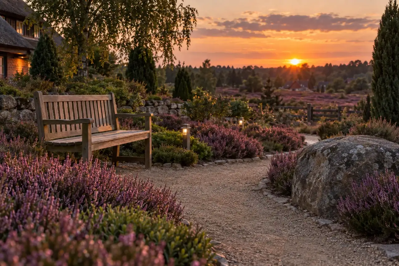 Ruhiger Lieblingsplatz mit Holzbank und Heidepflanzung in warmer Abendstimmung