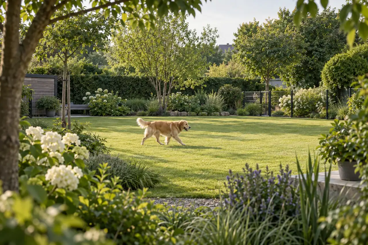 Offene Bewegungsfläche, die von geschützten grünen Gartenrändern gerahmt wird