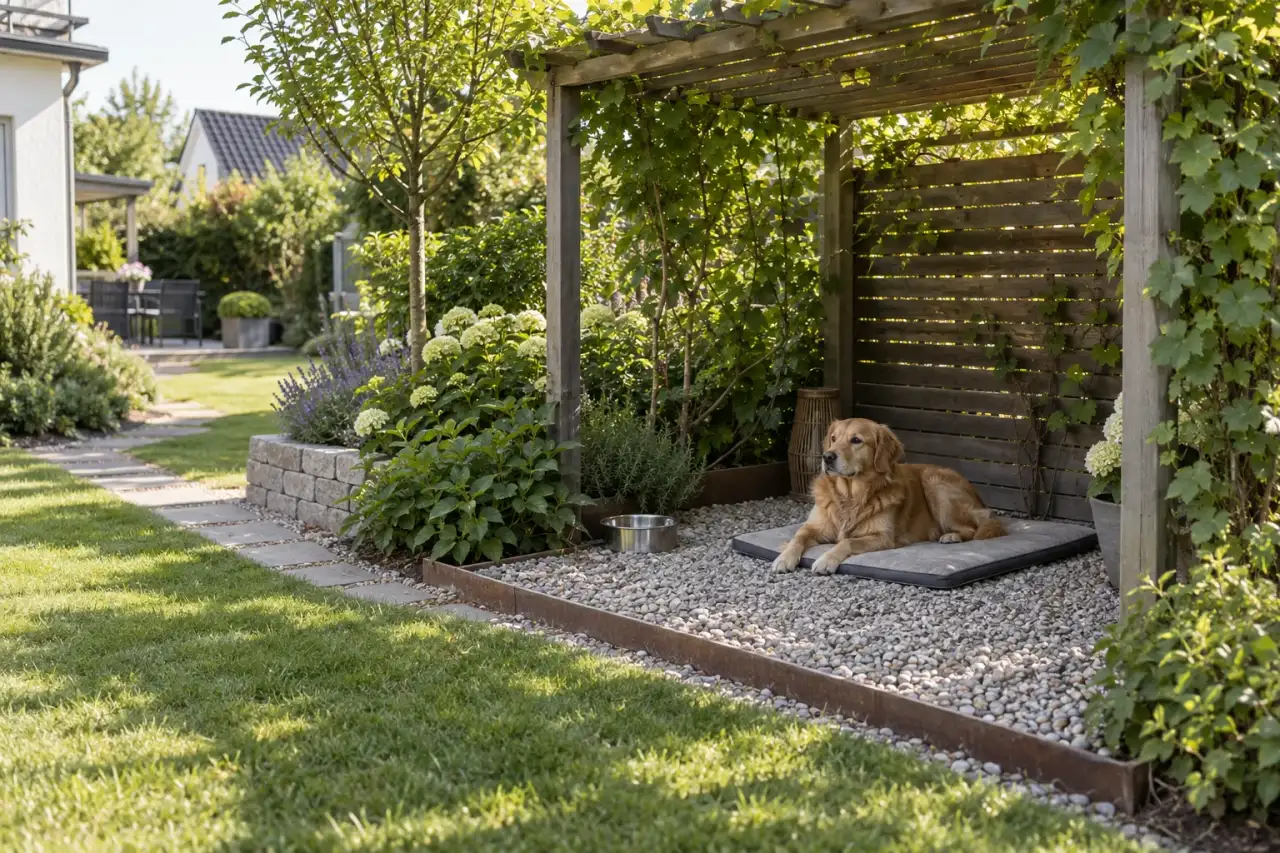 Geschützter Schattenplatz mit freiem Blick über den Garten