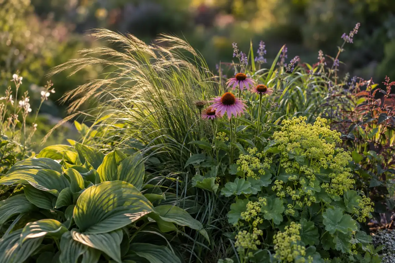 Laub, Gräser und einzelne Blüten in sanfter Abendbewegung