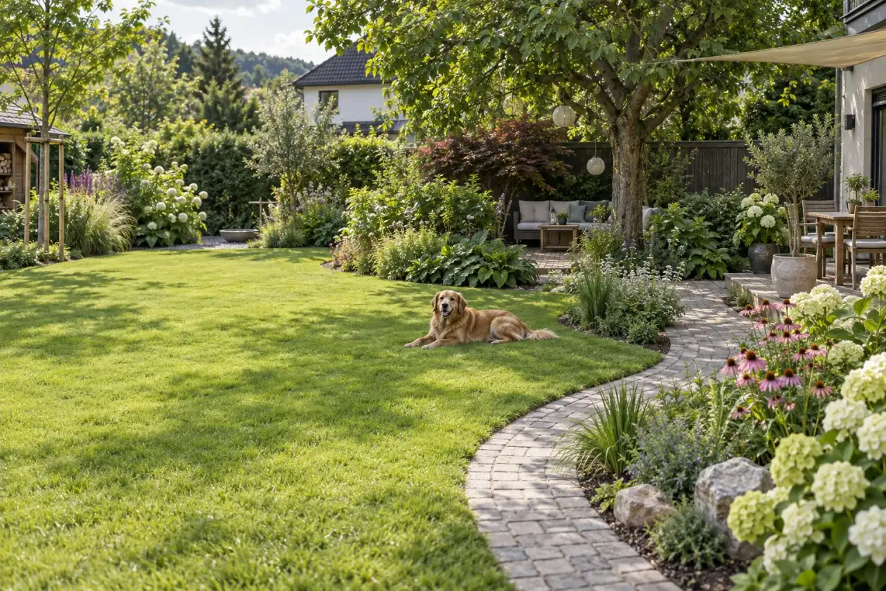 Ruhiger Hundegarten mit offener Fläche, Rundweg, Pflanzrändern und schattigem Ruheplatz