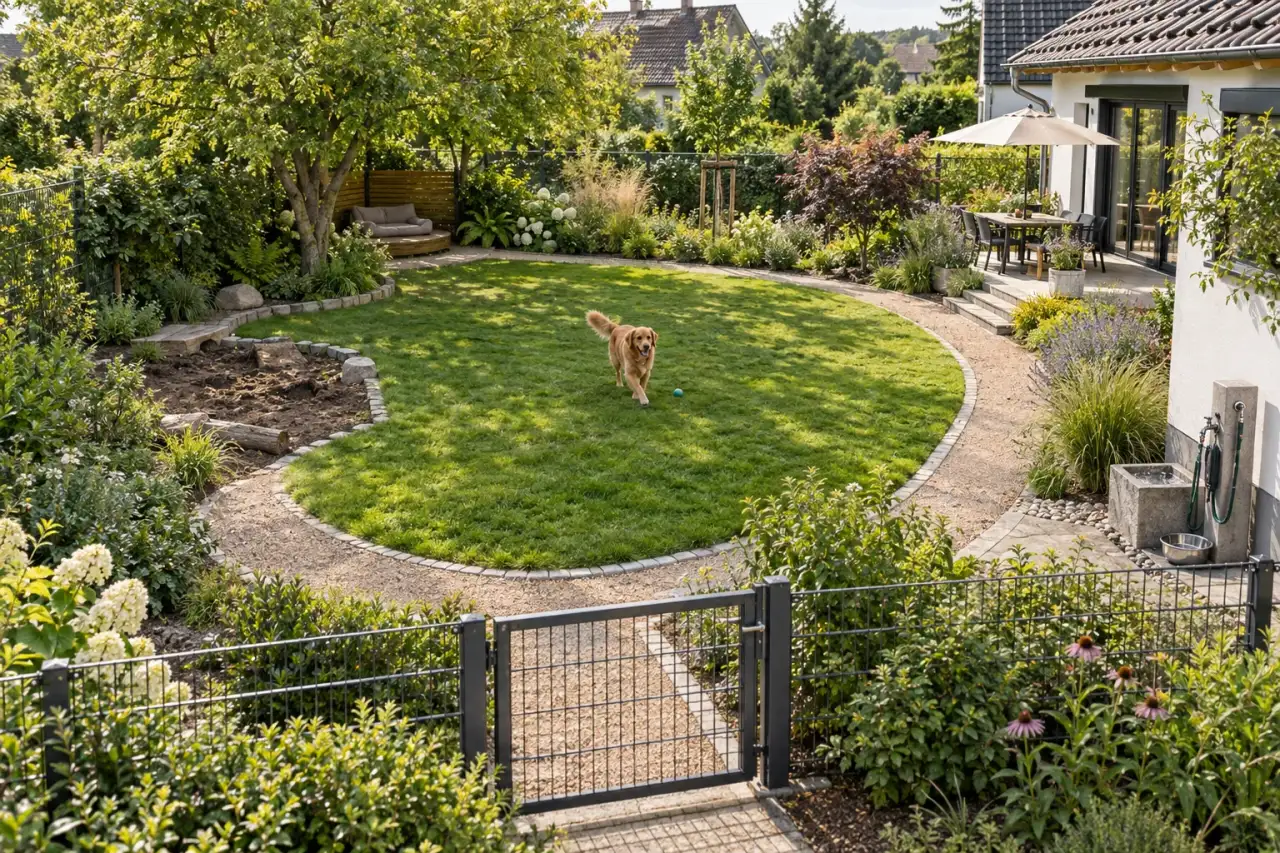 Gesamtansicht eines Hundegartens mit Rundweg, Freifläche, Buddelzone, Schattenplatz, Pflanzpuffern, Tor und Wasserstelle