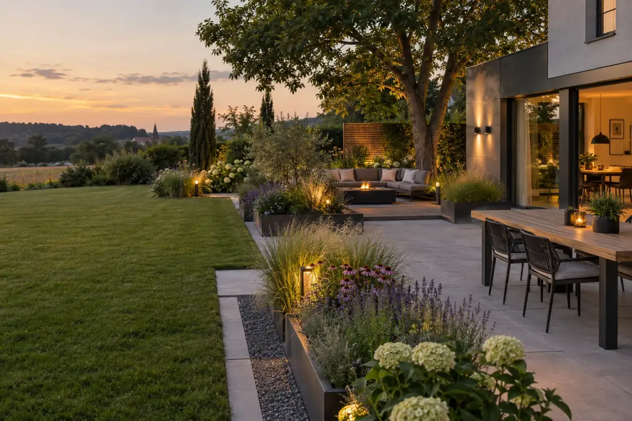 Weitläufiger Industrial-Garten mit Betonoptik, dunklem Metall, Holzsitzplatz und lockerer Bepflanzung