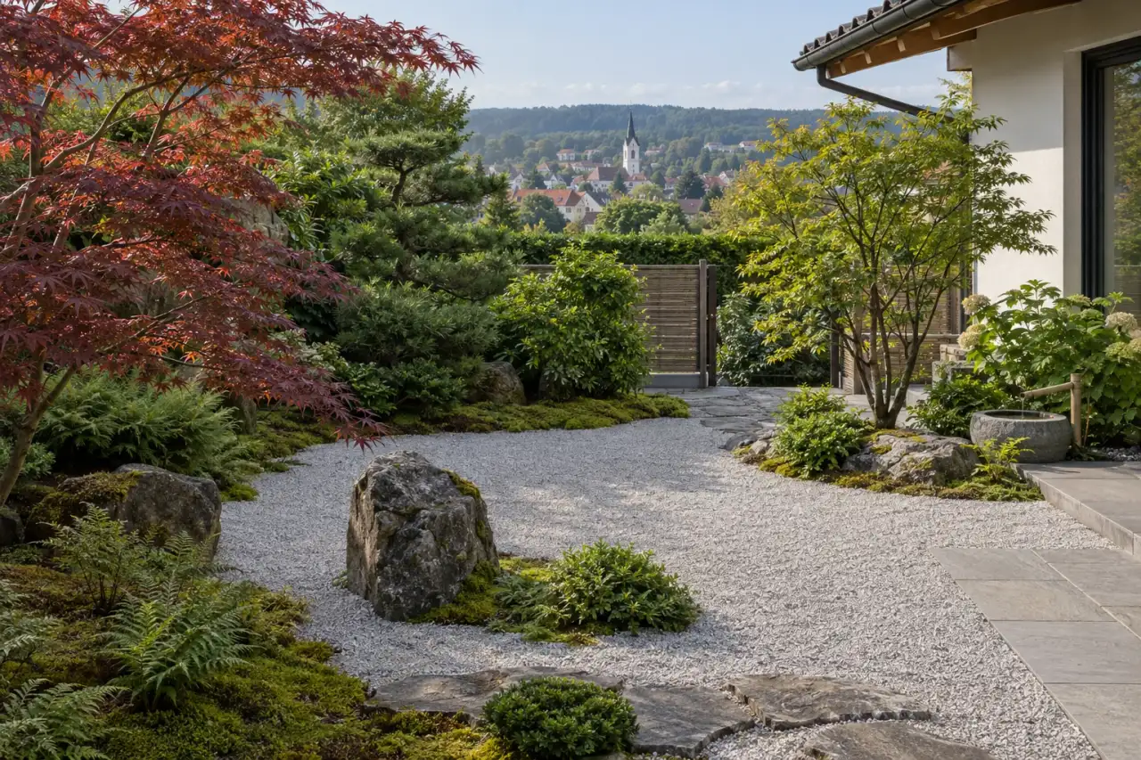 Ungleich verteilte Pflanzflächen und Natursteine in ausgewogener Gartenkomposition