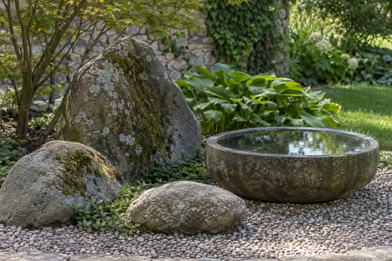Natursteine und eine ruhige Wasserschale als abgestimmte Blickpunkte