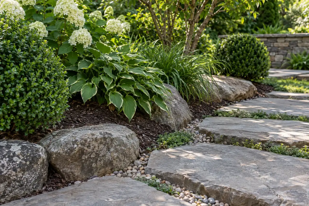 Bewusst gepflegter Gartenrand mit sauberem Trittstein und geformtem Grün