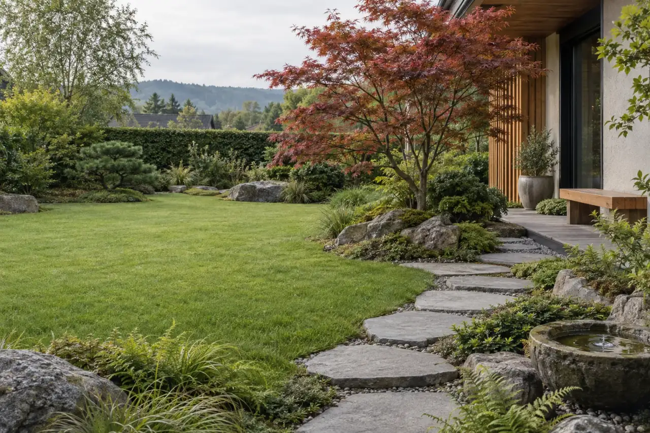 Japanisch inspirierter Hausgarten mit Ahorn, Trittsteinen und ruhiger Grünfläche