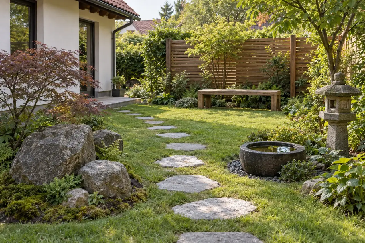 Gesamtansicht mit Natursteinen, Trittsteinweg, Wasserschale, Holzbank, Sichtschutz und Steinlaterne