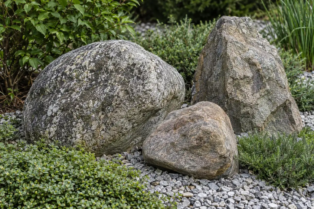 Drei unterschiedlich geformte Natursteine in asymmetrischer Anordnung
