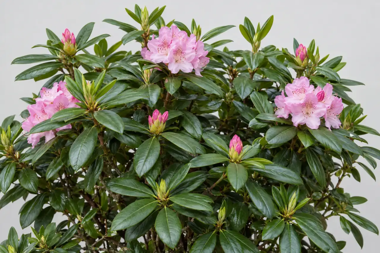 Rhododendron mit dichtem Laub und zurückhaltenden Blütenakzenten