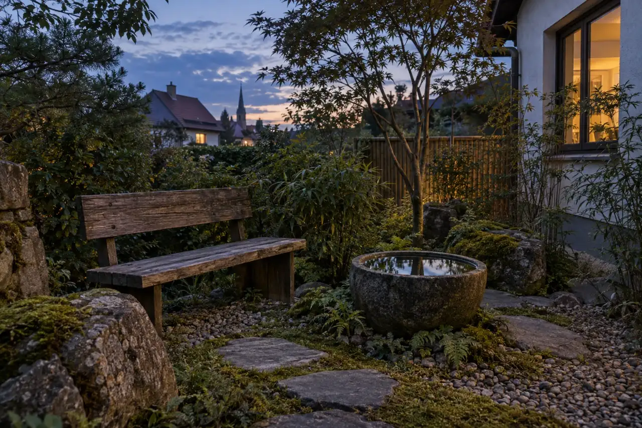 Leerer Lieblingsplatz mit Holzbank, Naturstein und Wasserschale am Abend
