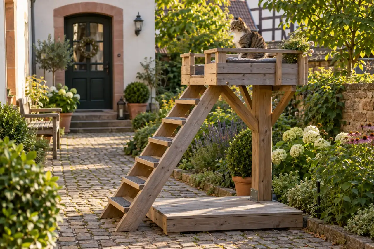 Stabiler erhöhter Beobachtungsplatz mit Blick auf Weg, Hauszugang und grünen Rand