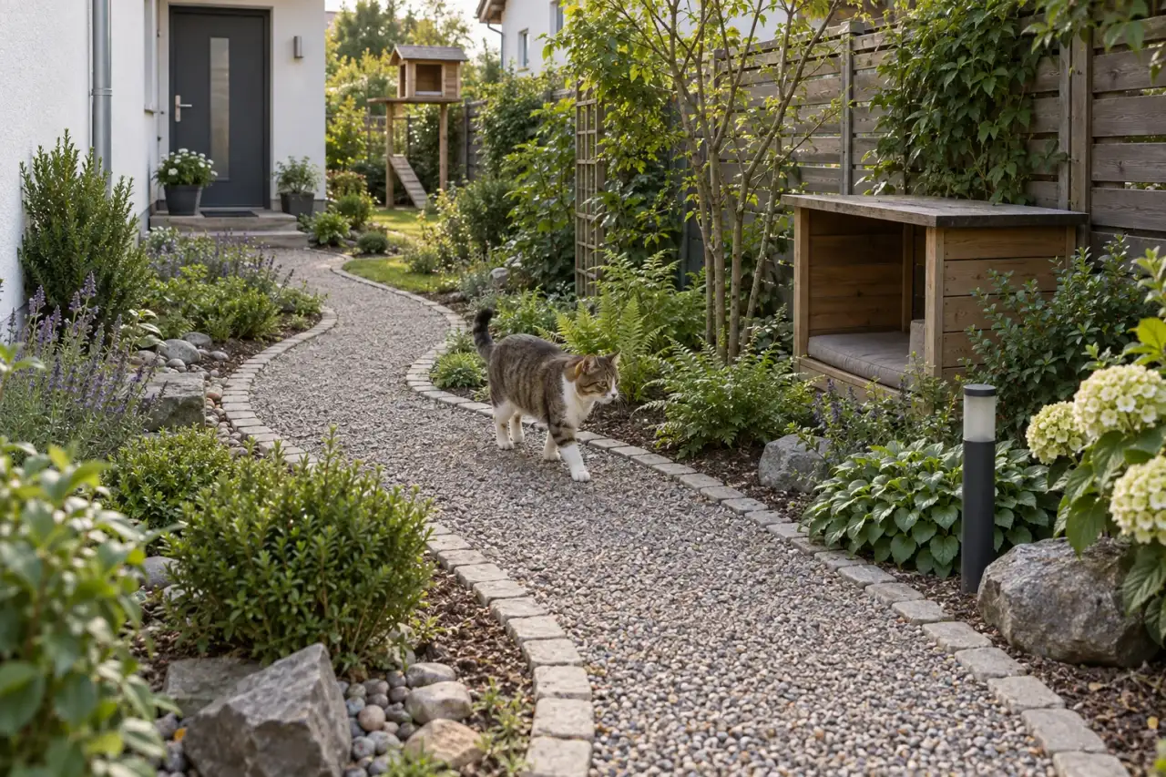 Katze auf einem kurzen geschwungenen Weg zwischen Haus, Nische und Beobachtungsplatz