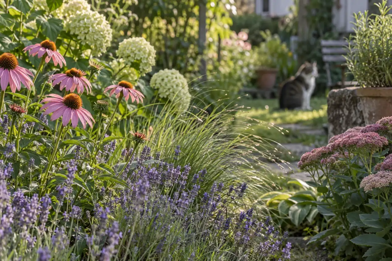 Saisonale Blüten und bewegte Blattstrukturen in wiederkehrenden Pflanzengruppen