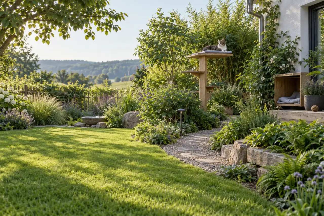 Wohnlicher Katzengarten mit geschwungenem Weg, grünen Rändern, Holzpodest und geschützter Nische