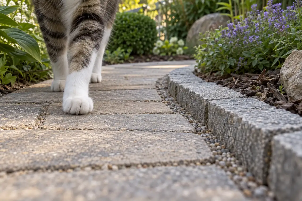 Geschwungener Gartenweg mit klarer Kante und freier Sicht durch niedrige Pflanzen