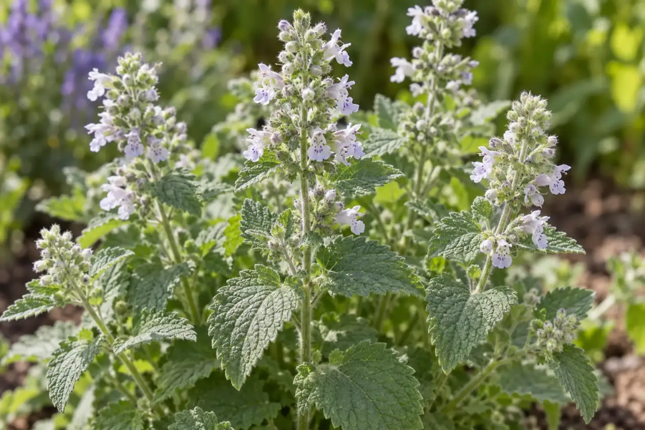 Blätter und helle Blütenstände der Echten Katzenminze Nepeta cataria