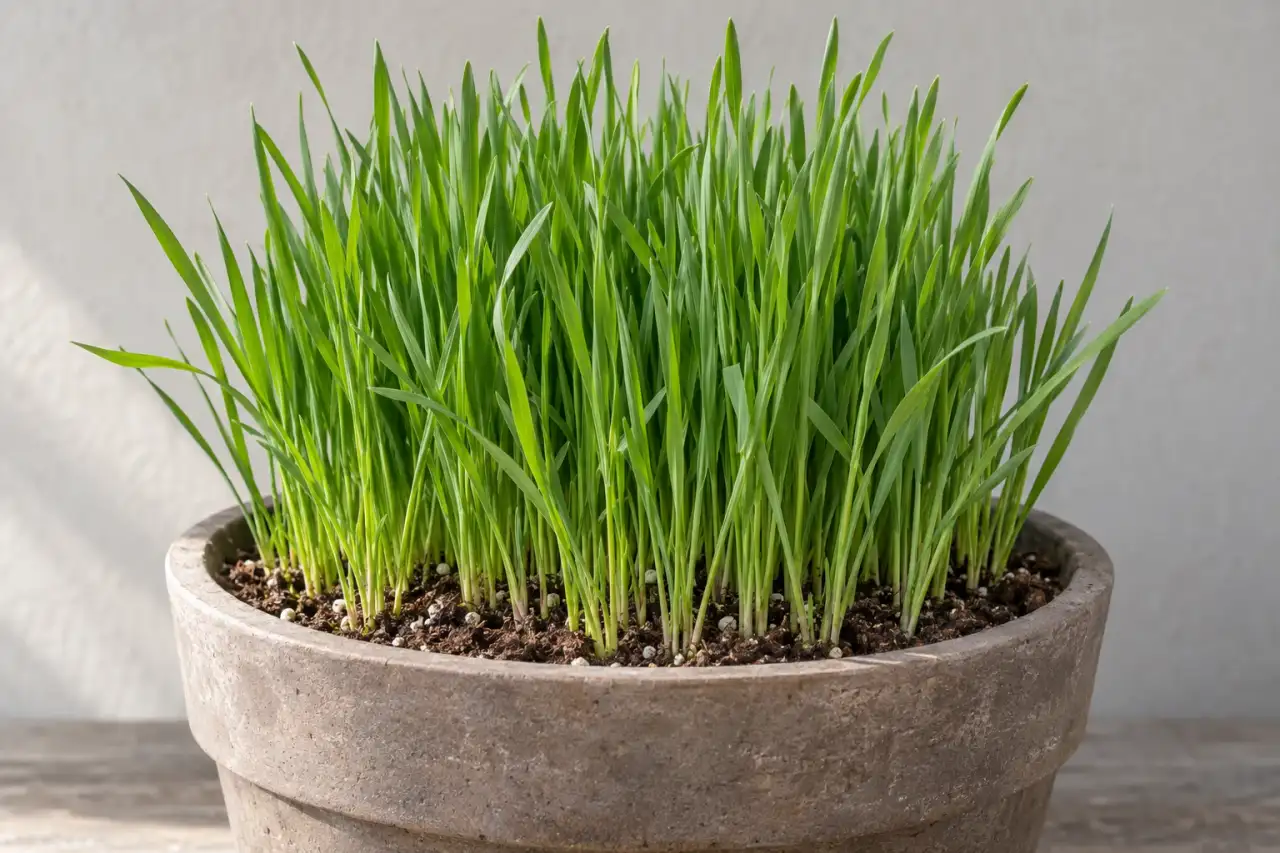 Junge grüne Haferhalme als Katzengras in einem standfesten Topf