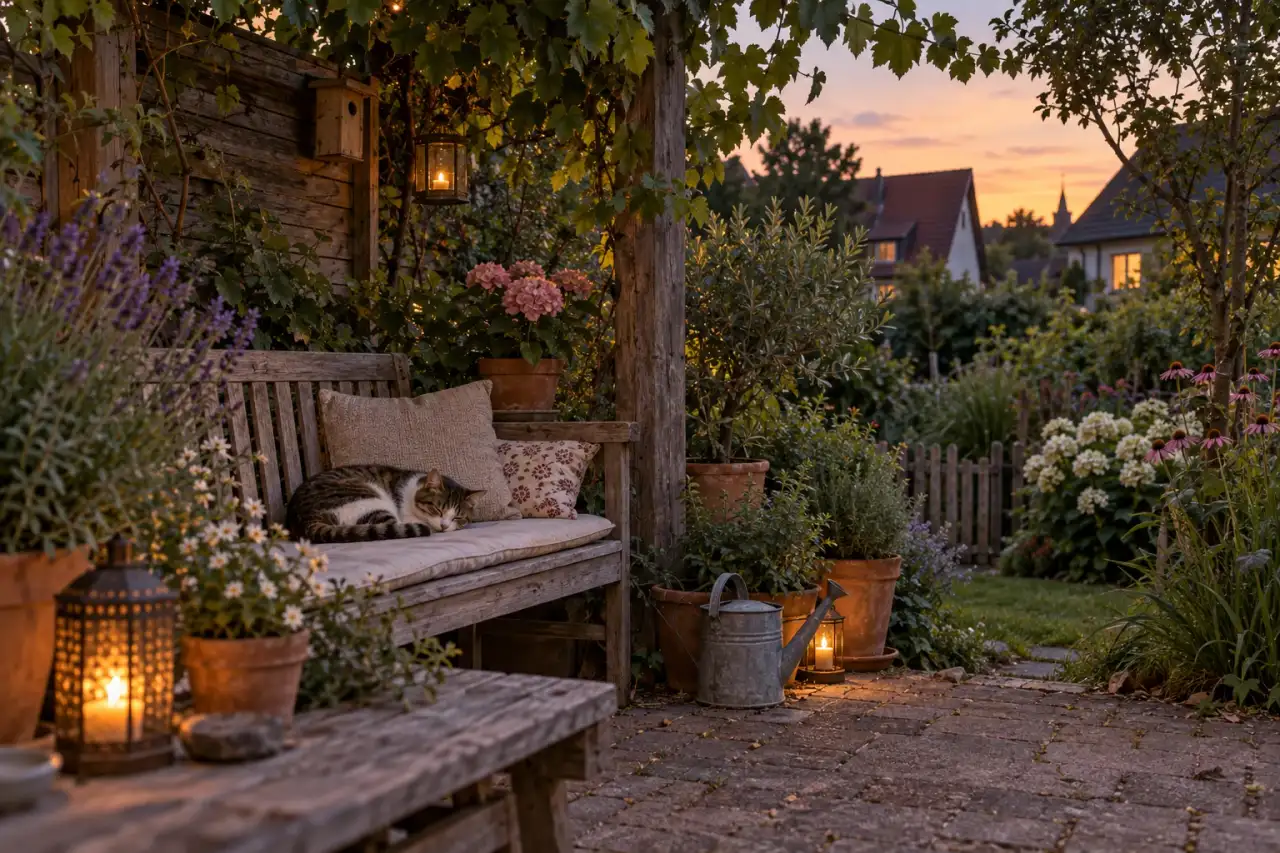 Ruhender Lieblingsplatz einer Katze zwischen weichem Grün, Holz und Terrakotta am Abend