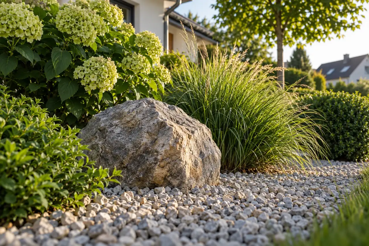 Mineralische Kiesstruktur im Kontrast zu bewegten grünen Halmen