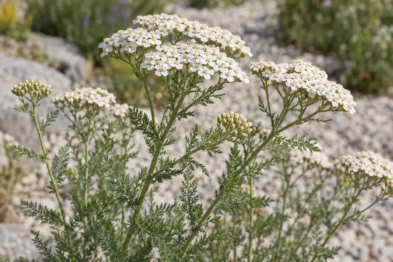 Gewöhnliche Schafgarbe mit flachen Blütendolden und feinem Laub