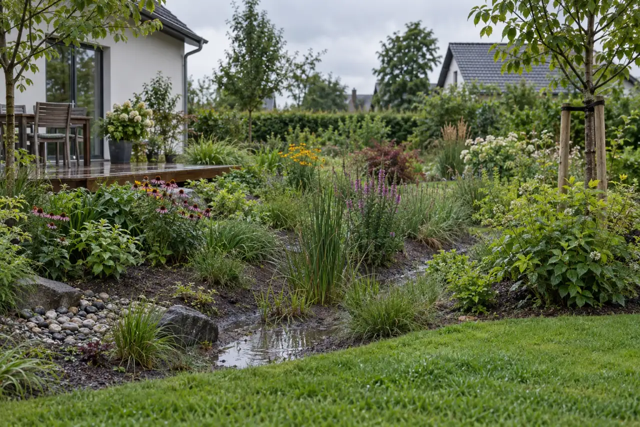 Bepflanzte Mulde als sichtbarer Regenweg durch den Garten